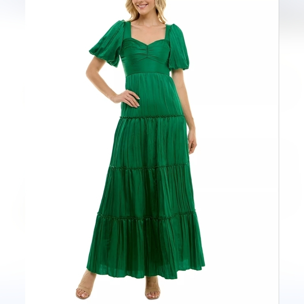 Crystal Doll Puffed Sleeve Crinkle Satin Maxi Dress